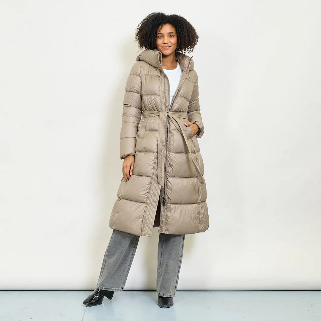 Long belted quilted padded coat with hood
