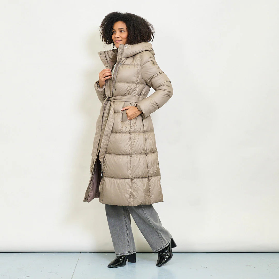 Long belted quilted padded coat with hood