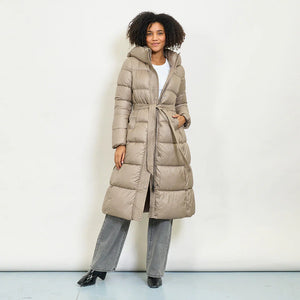 Long belted quilted padded coat with hood
