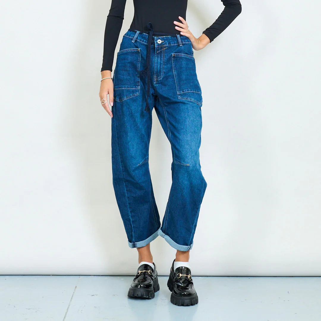 Patch pocket relaxed fit cuffed denim jeans