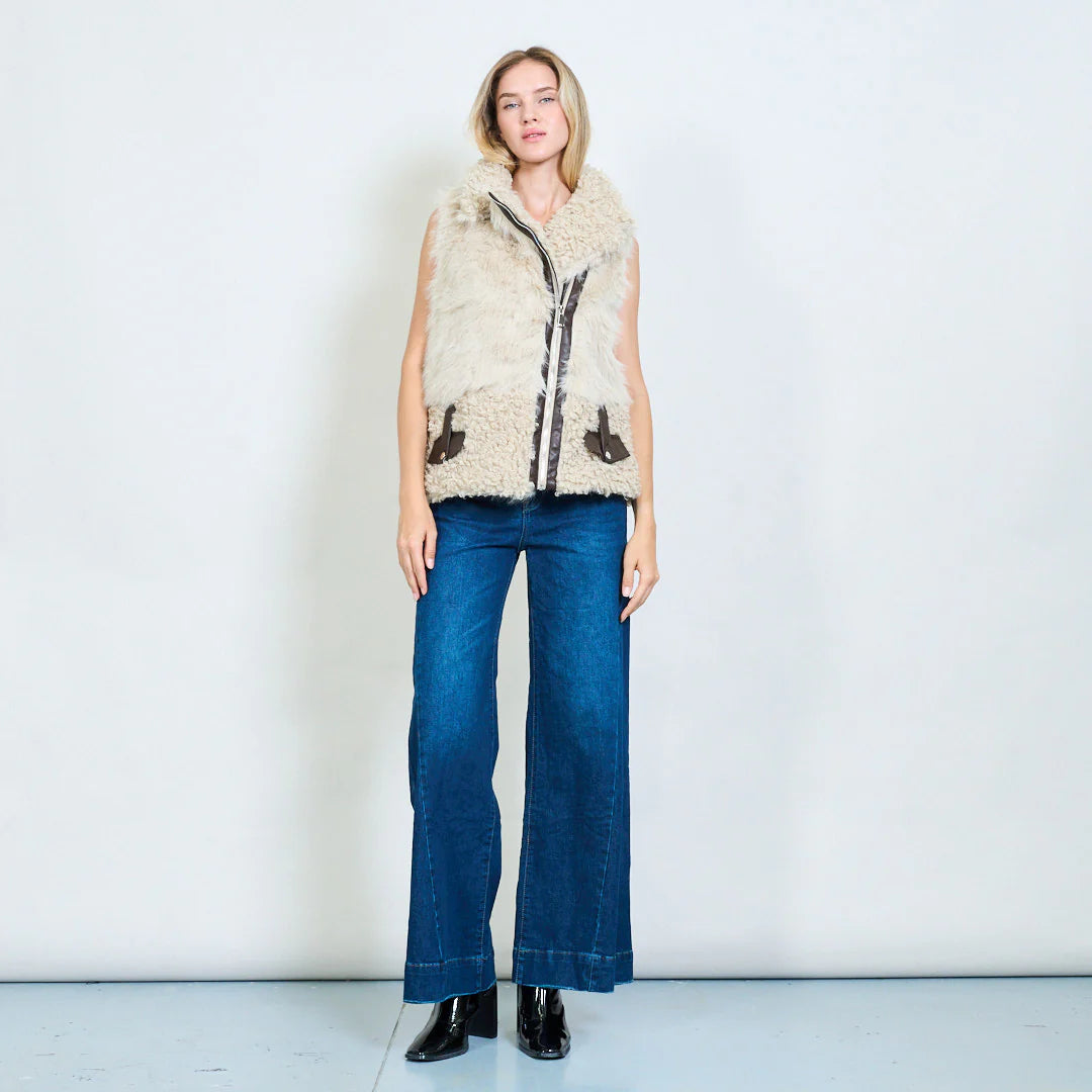 Biker-style mixed faux shearling sleeveless vest