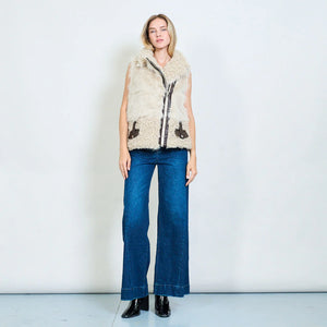 Biker-style mixed faux shearling sleeveless vest