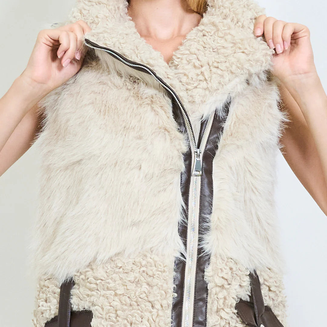 Biker-style mixed faux shearling sleeveless vest