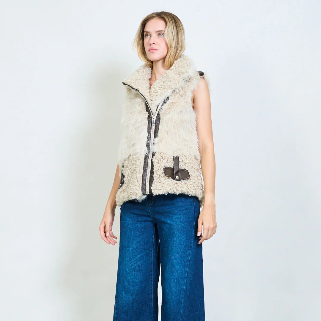 Biker-style mixed faux shearling sleeveless vest