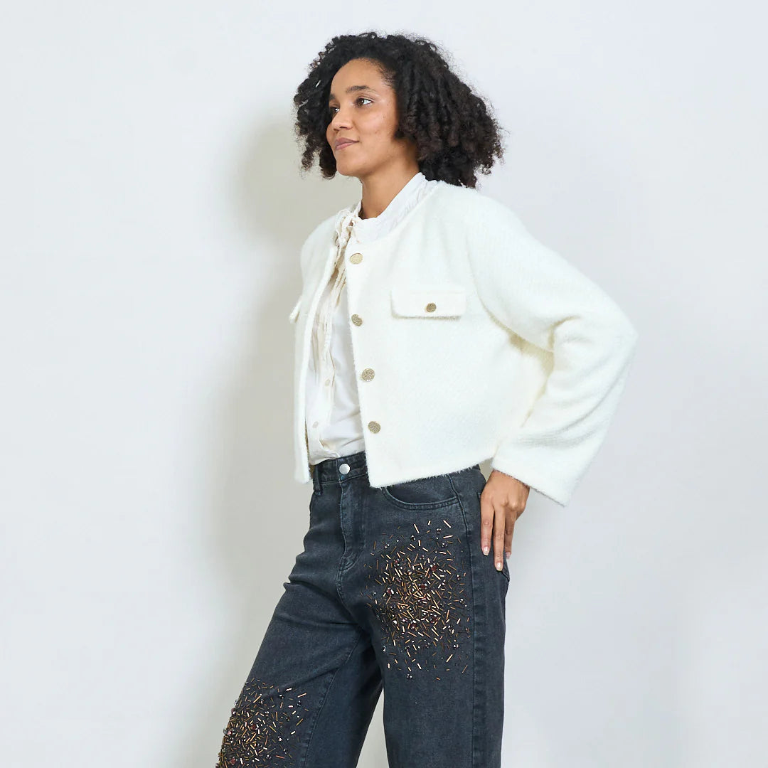 Cropped textured jacket with decorative buttons and flap pockets