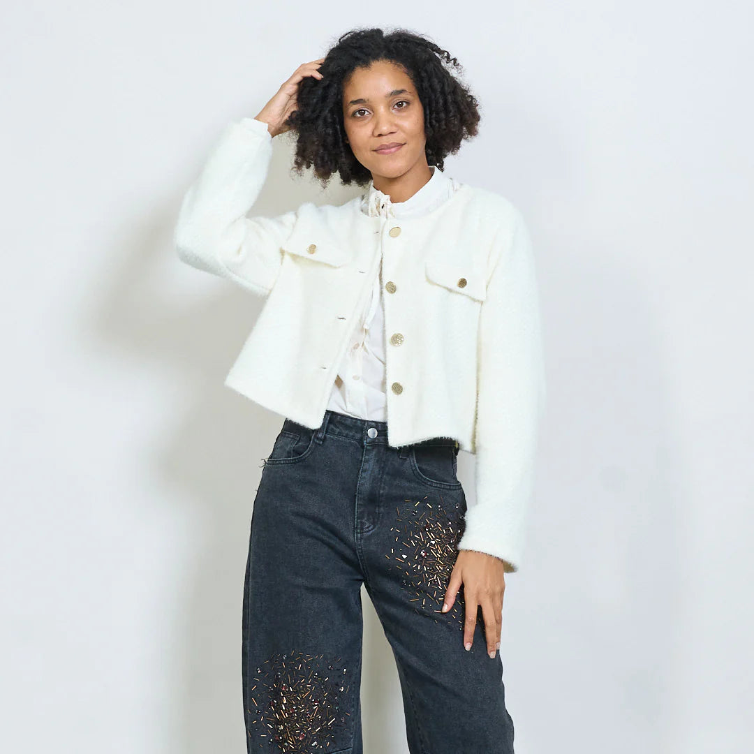 Cropped textured jacket with decorative buttons and flap pockets