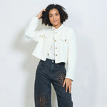 Load image into Gallery viewer, Cropped textured jacket with decorative buttons and flap pockets
