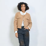 Load image into Gallery viewer, Cropped textured jacket with decorative buttons and flap pockets
