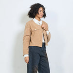 Load image into Gallery viewer, Cropped textured jacket with decorative buttons and flap pockets
