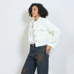 Load image into Gallery viewer, Cropped textured jacket with decorative buttons and flap pockets
