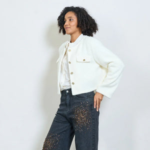 Cropped textured jacket with decorative buttons and flap pockets