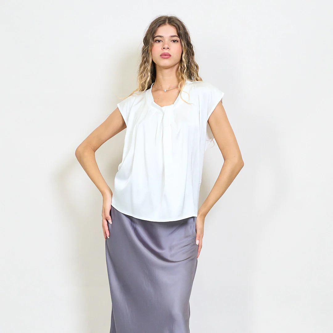 Draped front satin cap sleeve blouse