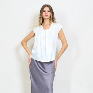 Draped front satin cap sleeve blouse