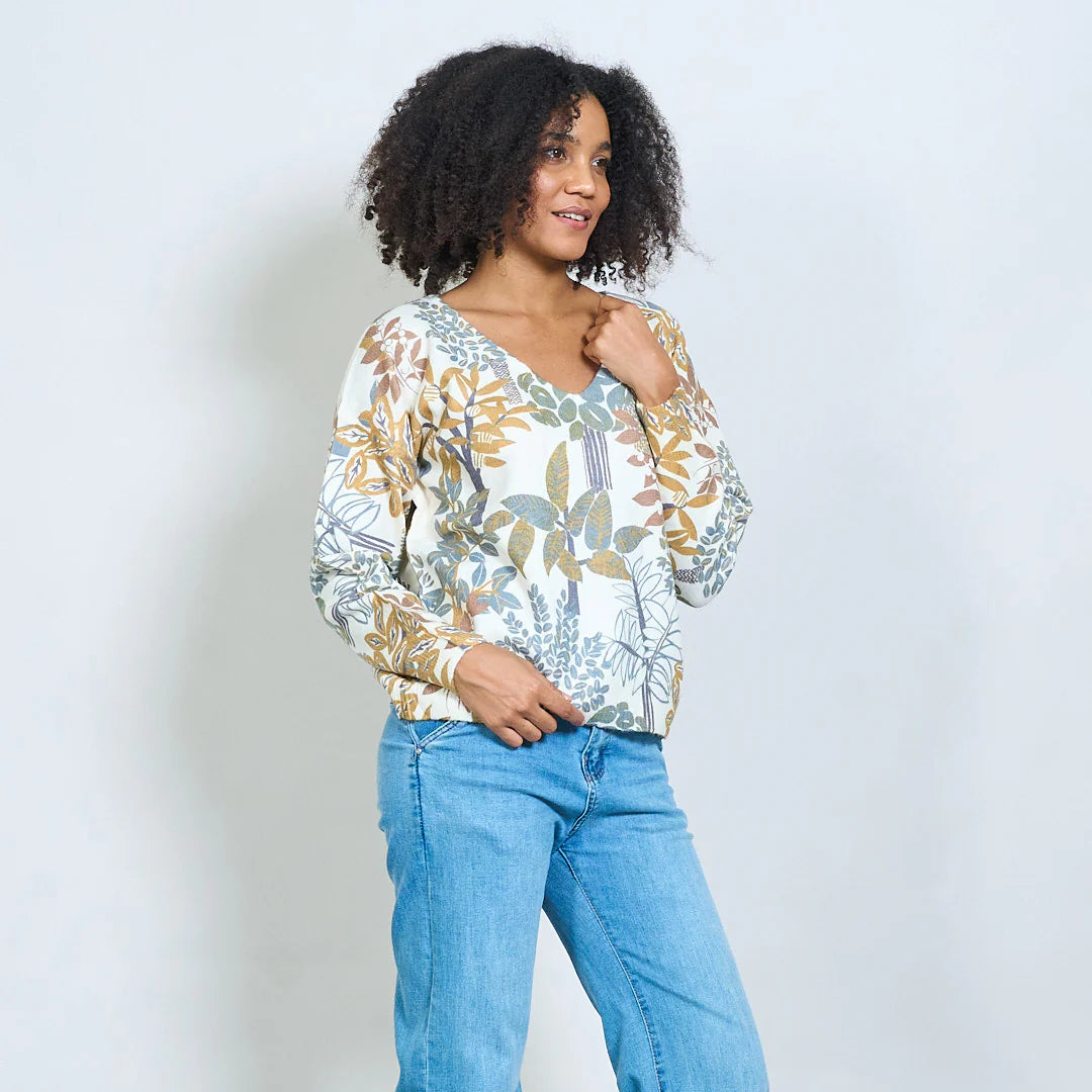 Autumn print v-neck knit sweater