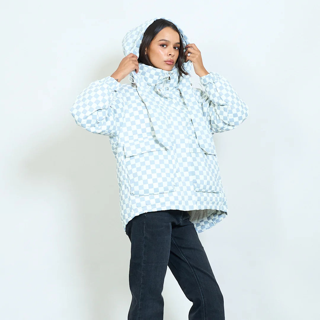 Checkerboard quilted duck down puffer coat