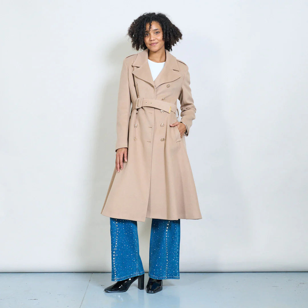 Long double-breasted military coat with gold buttons