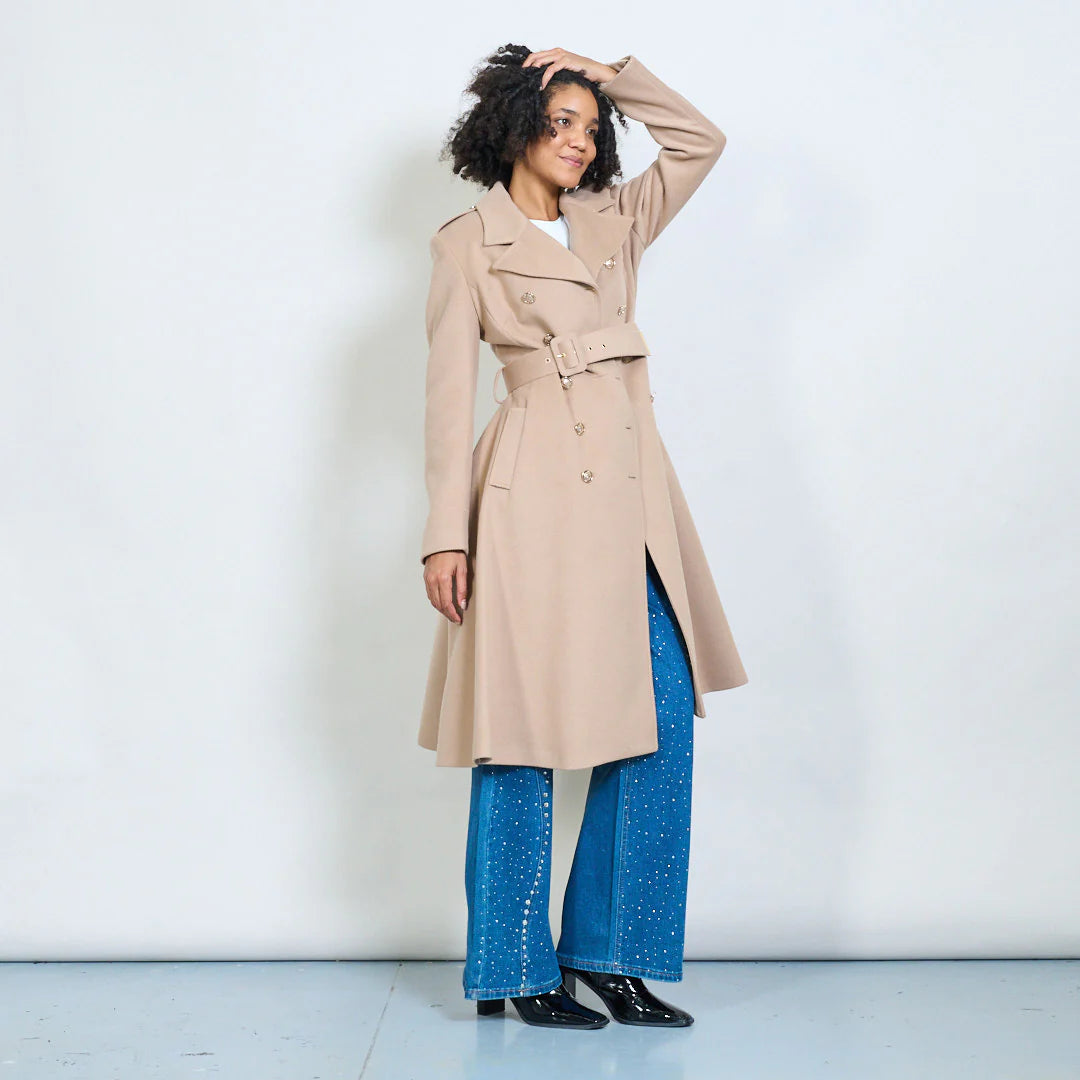 Long double-breasted military coat with gold buttons