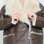 Load image into Gallery viewer, Faux leather longline coat with oversized fur collar
