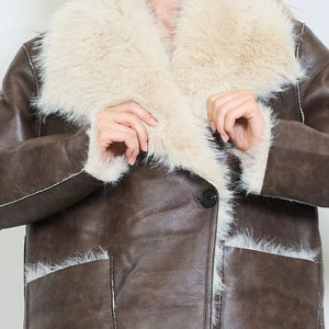 Faux leather longline coat with oversized fur collar