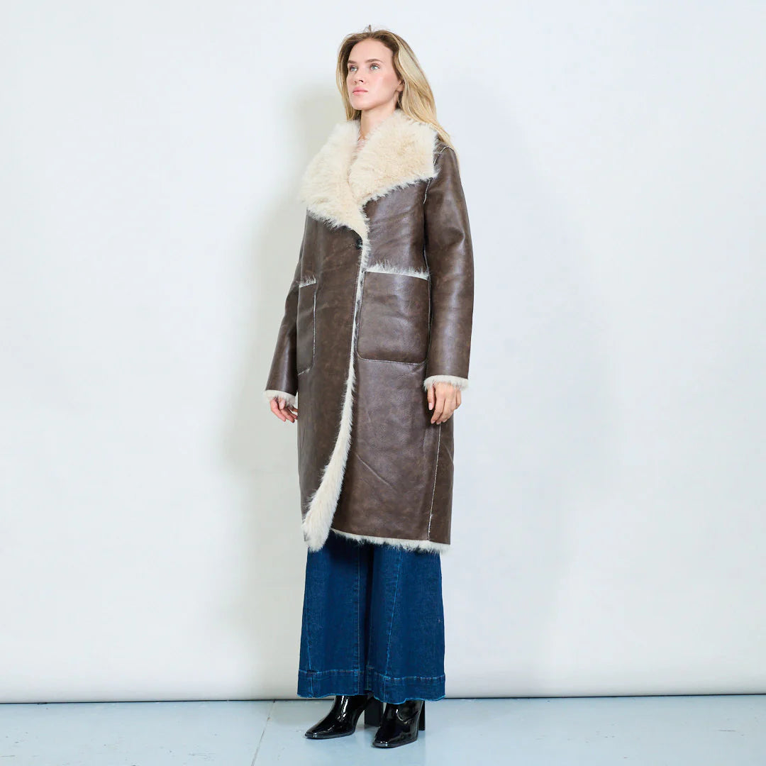 Faux leather longline coat with oversized fur collar