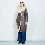 Load image into Gallery viewer, Faux leather longline coat with oversized fur collar
