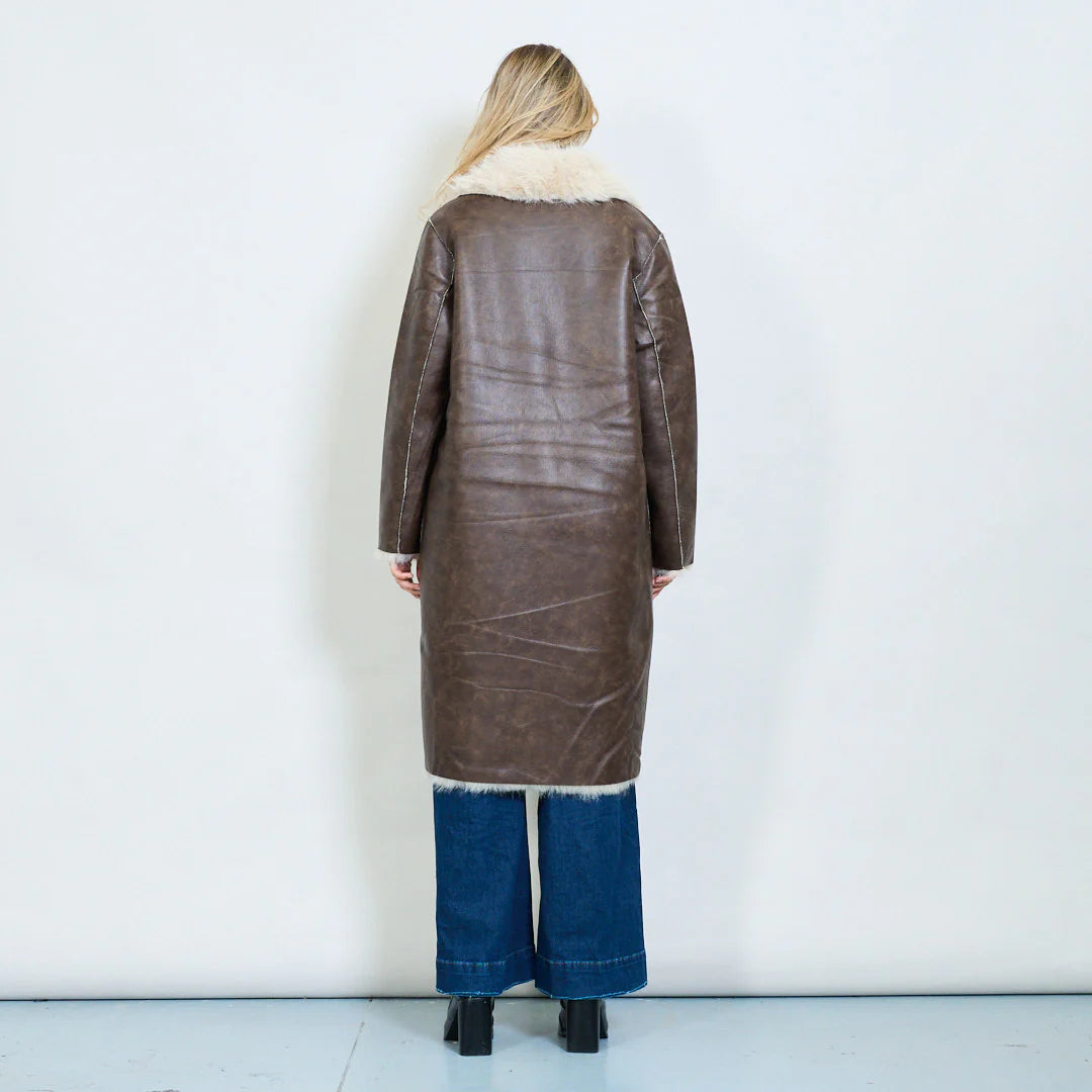 Faux leather longline coat with oversized fur collar