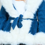 Load image into Gallery viewer, Faux fur trim belted denim jacket
