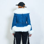 Load image into Gallery viewer, Faux fur trim belted denim jacket
