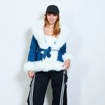 Load image into Gallery viewer, Faux fur trim belted denim jacket
