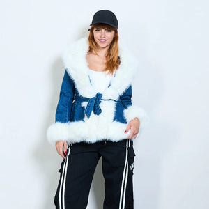 Faux fur trim belted denim jacket