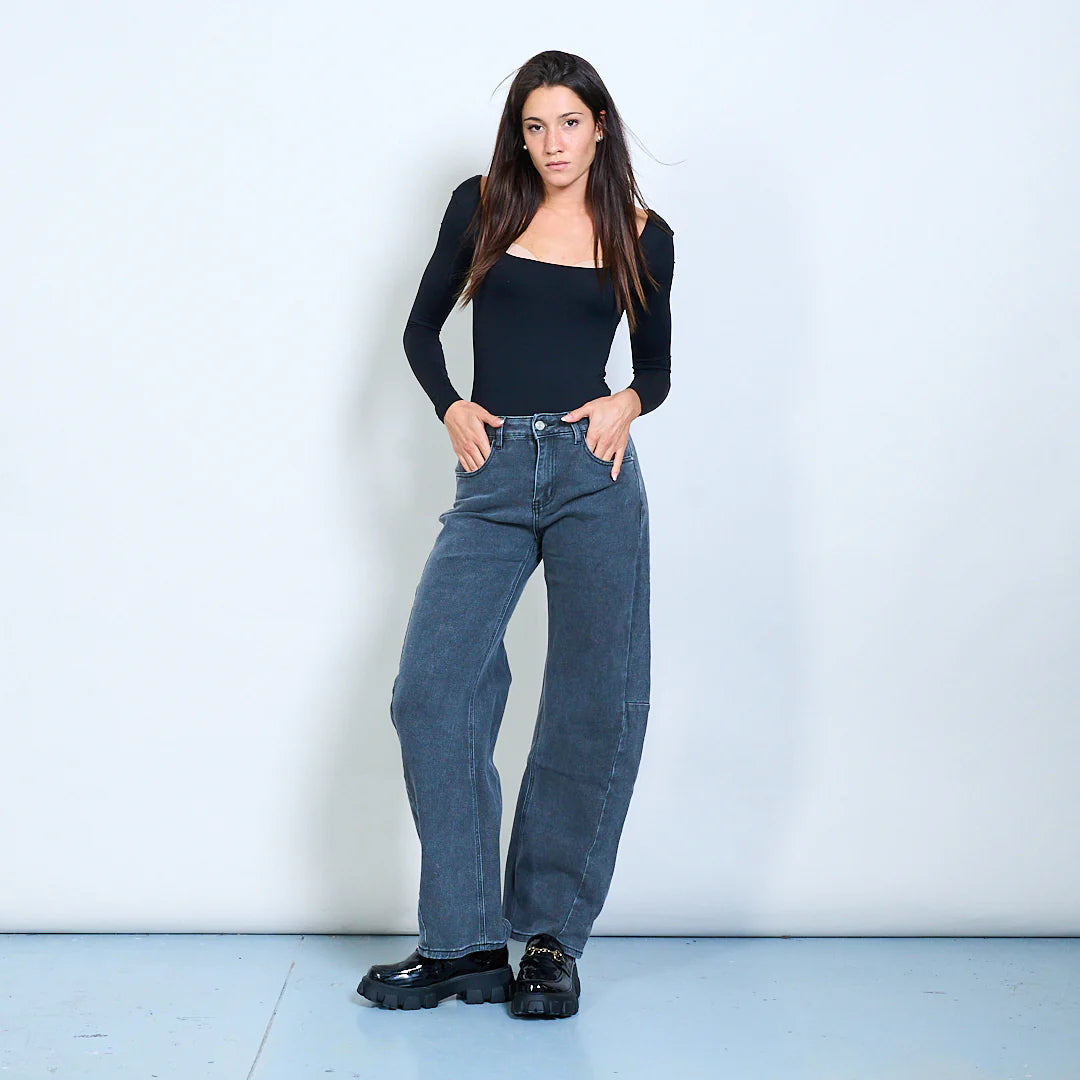 Washed blue wide-leg denim trousers with seam detail