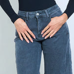 Load image into Gallery viewer, Washed blue wide-leg denim trousers with seam detail
