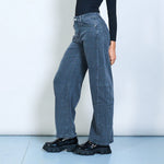 Load image into Gallery viewer, Washed blue wide-leg denim trousers with seam detail

