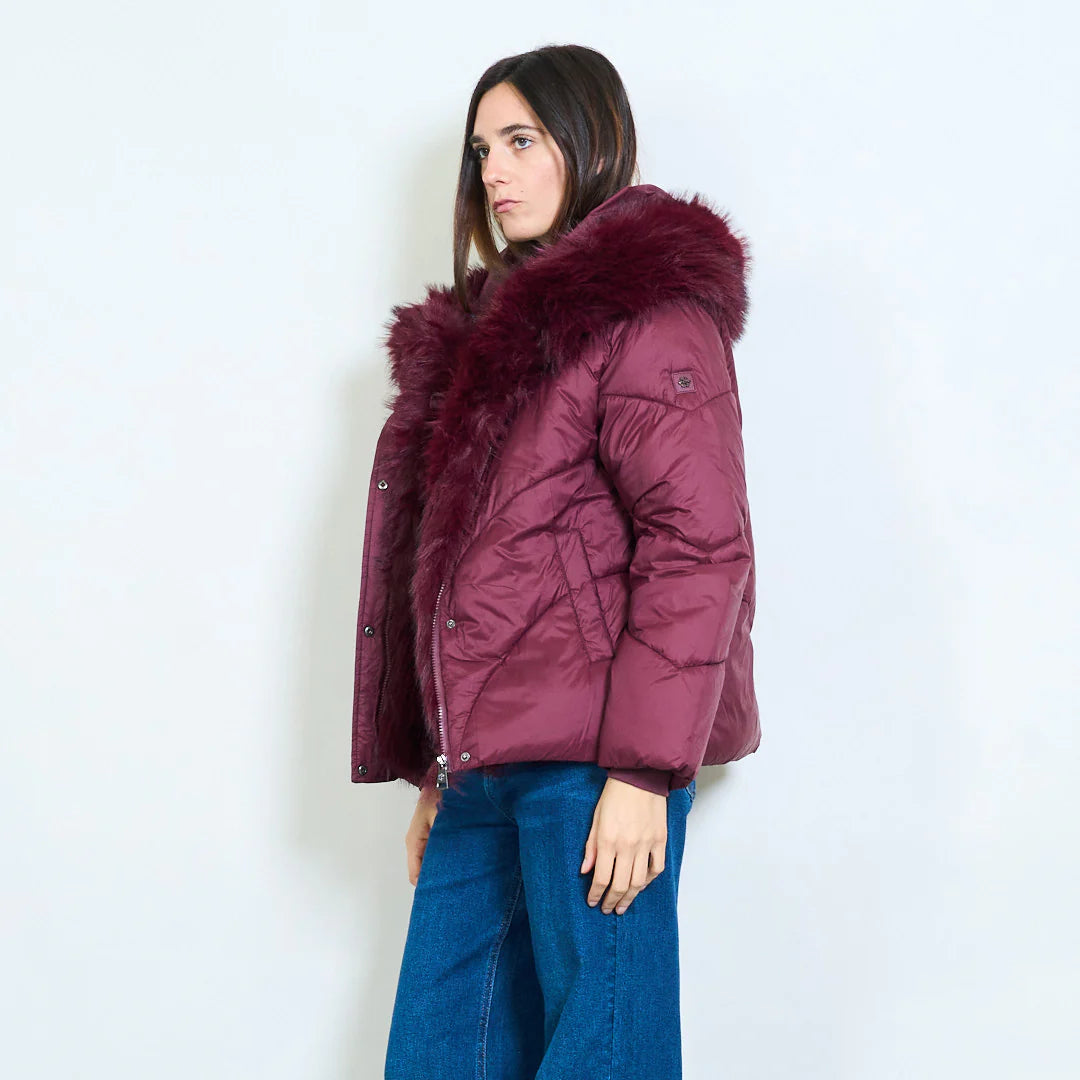Quilted winter coat with faux fur collar