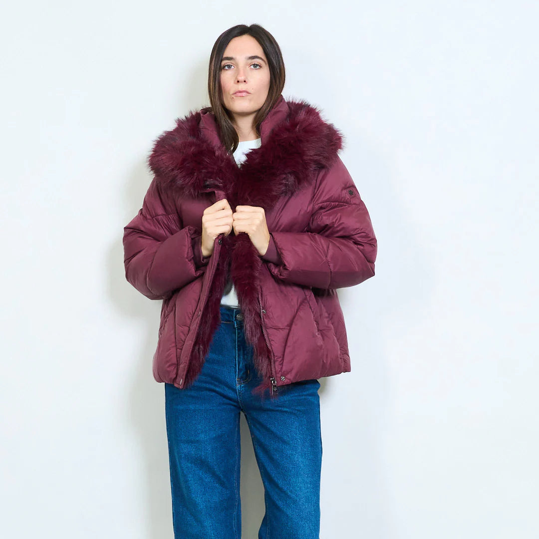 Quilted winter coat with faux fur collar