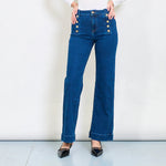 Load image into Gallery viewer, High-waisted sailor-style jeans with decorative front buttons
