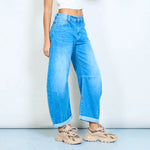 Load image into Gallery viewer, Mid wash barrel leg panel denim jeans
