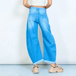Load image into Gallery viewer, Mid wash barrel leg panel denim jeans
