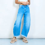 Load image into Gallery viewer, Mid wash barrel leg panel denim jeans
