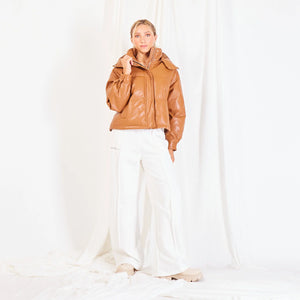 Faux leather padded jacket with detachable hood