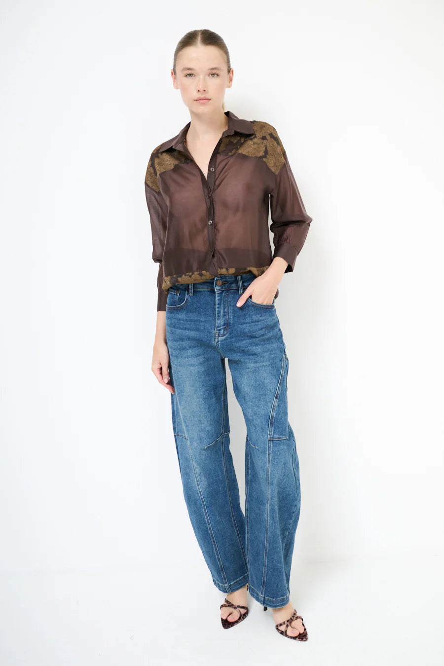 Wide leg denim trousers with seam detail