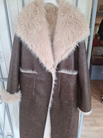 Load image into Gallery viewer, Faux leather longline coat with oversized fur collar
