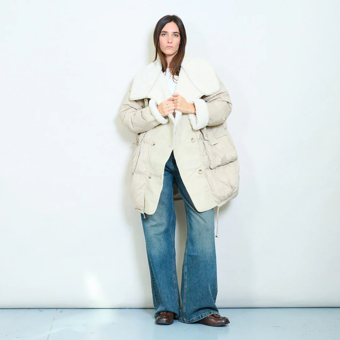 Oversized duck down double-breasted coat with faux shearling collar