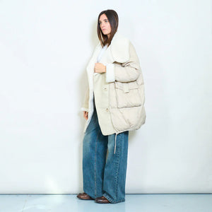 Oversized duck down double-breasted coat with faux shearling collar