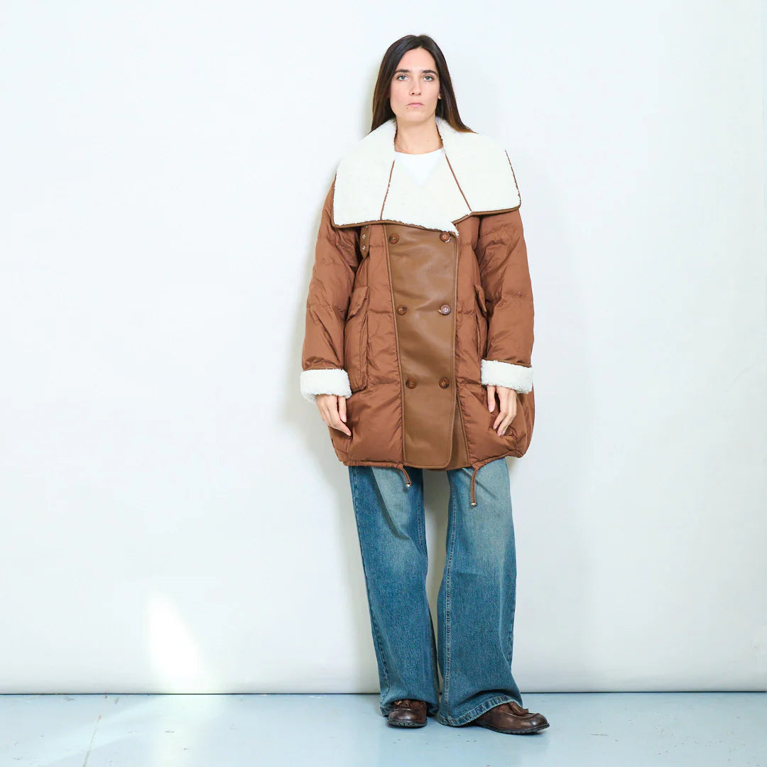Oversized duck down double-breasted coat with faux shearling collar