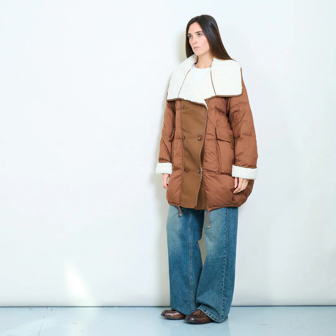 Oversized duck down double-breasted coat with faux shearling collar