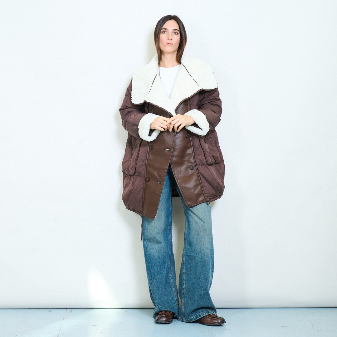 Oversized duck down double-breasted coat with faux shearling collar
