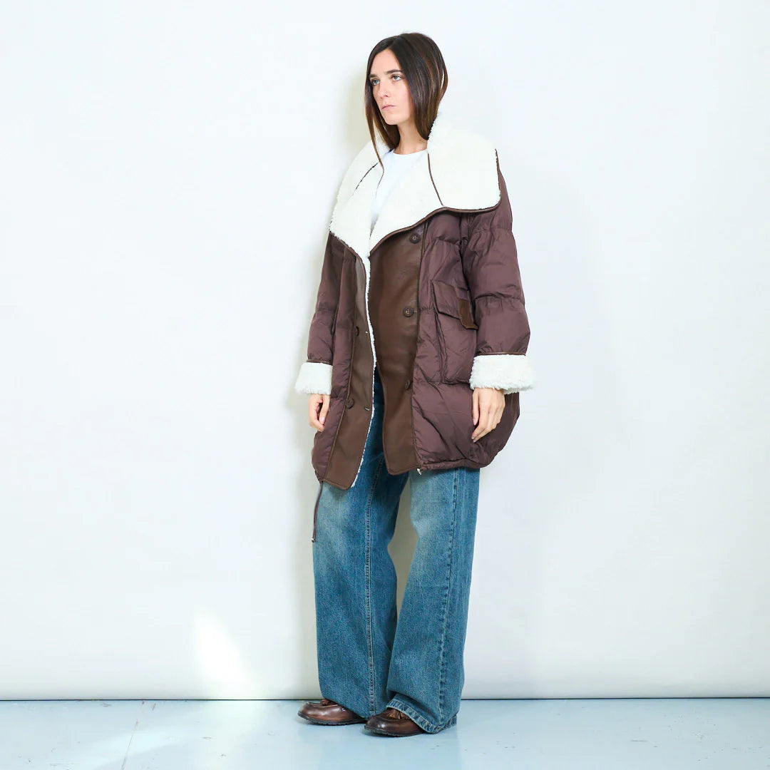 Oversized duck down double-breasted coat with faux shearling collar