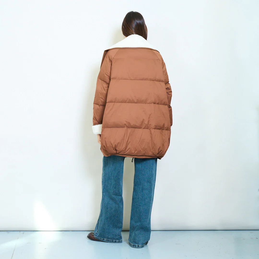 Oversized duck down double-breasted coat with faux shearling collar