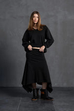 Load image into Gallery viewer, Black Asymmetric Cut Midi Skirt
